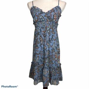 Esprit Blue Orange Paisley Summer Dress Ruffle Trim Spaghetti Straps US 6 NWT